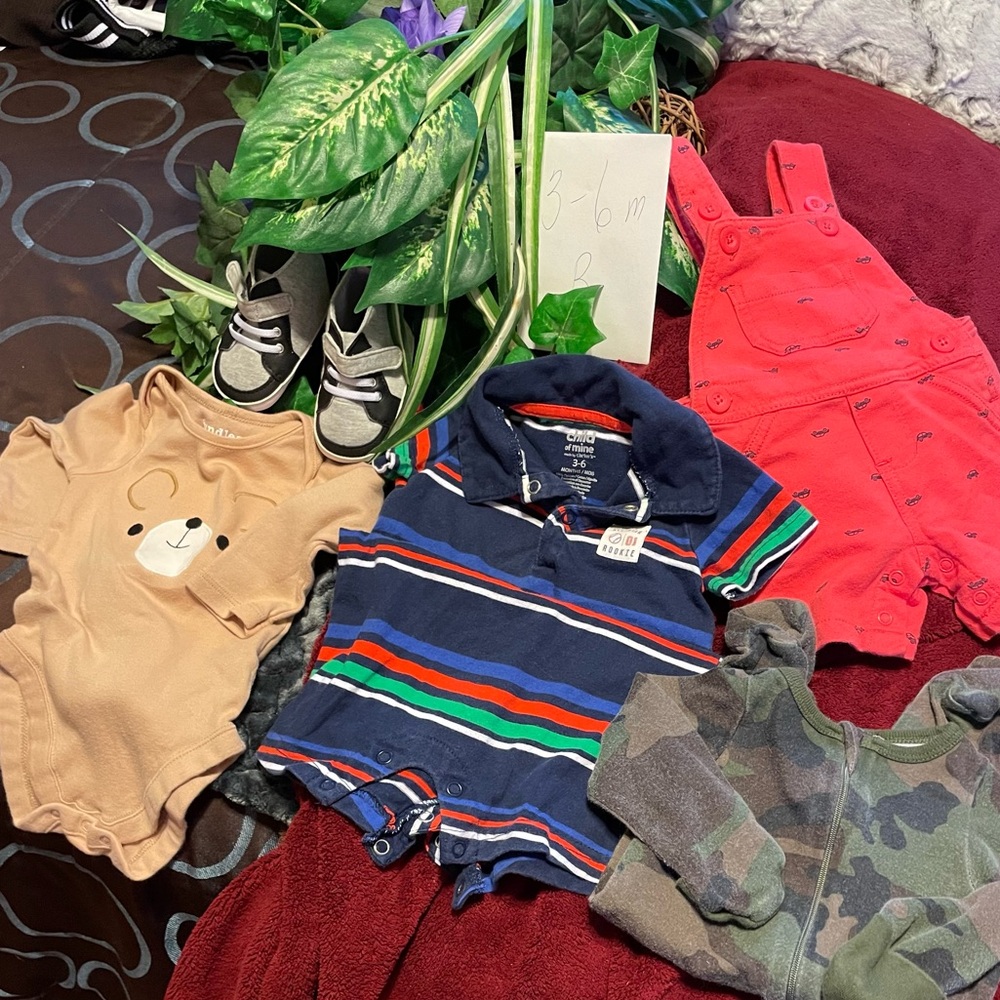 5 Piece Boys BUNDLE 2 Onesies 1 suspenders jumper 1 pr New shoes 1 suit w collar